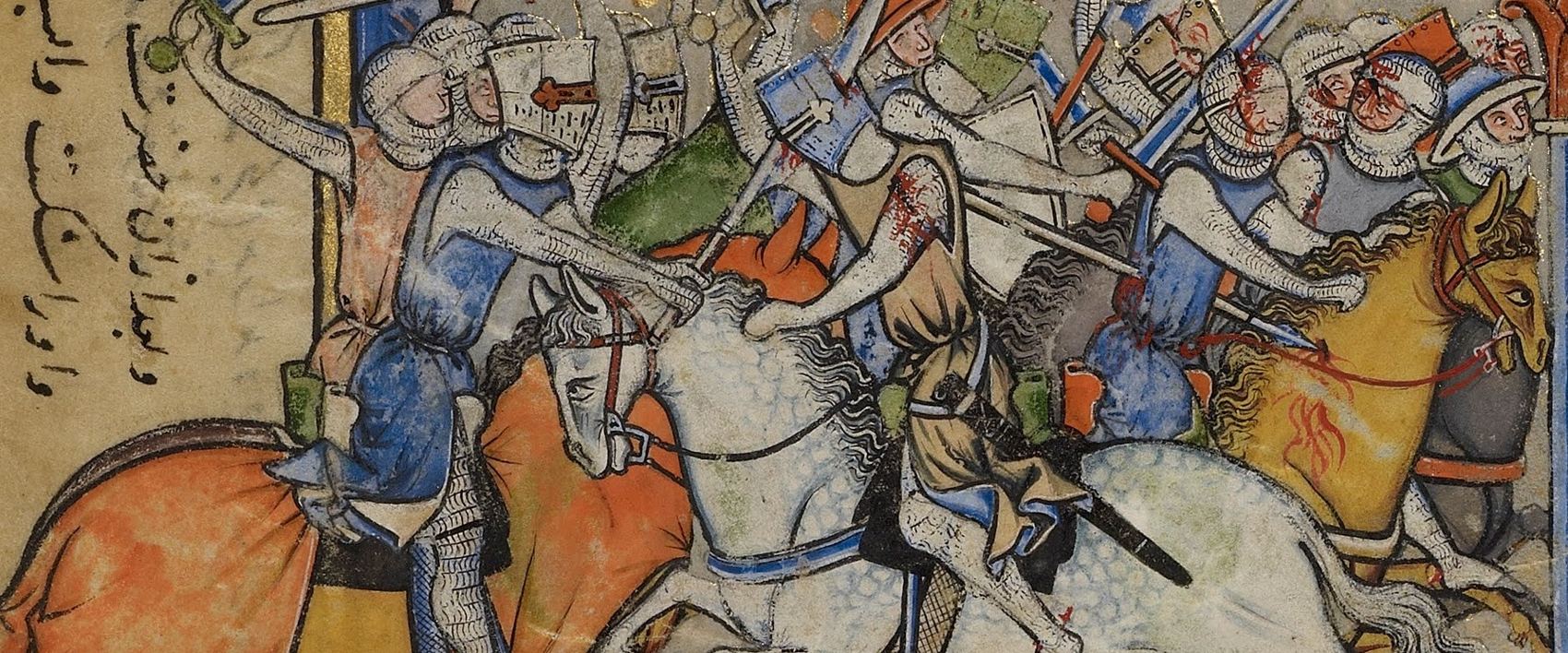 Enluminure du XIIIe siècle : mêlée de chevaliers en cotte de mailles, épées levées.