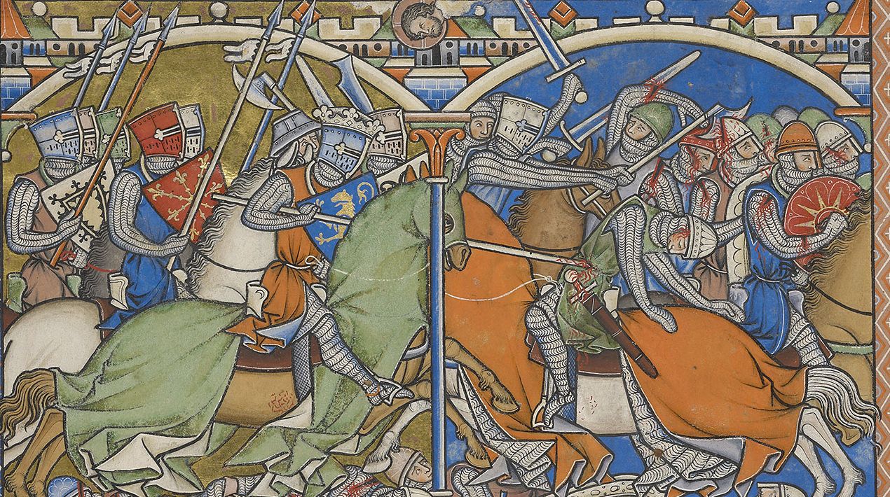 Enluminure du XIIIe siècle : deux troupes de chevaliers se chargent, lances et épées levées.